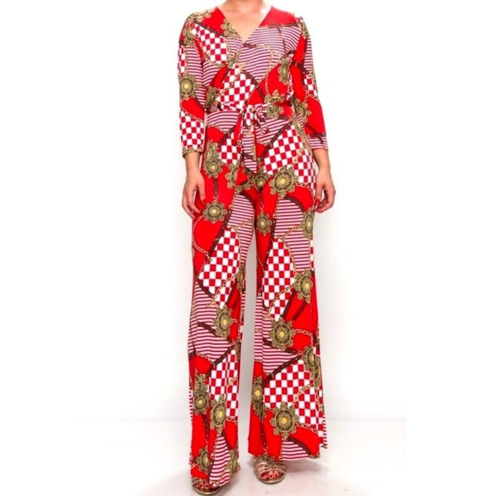 Janette Fashion Red Buckle Chain Plussize Jumpsuit